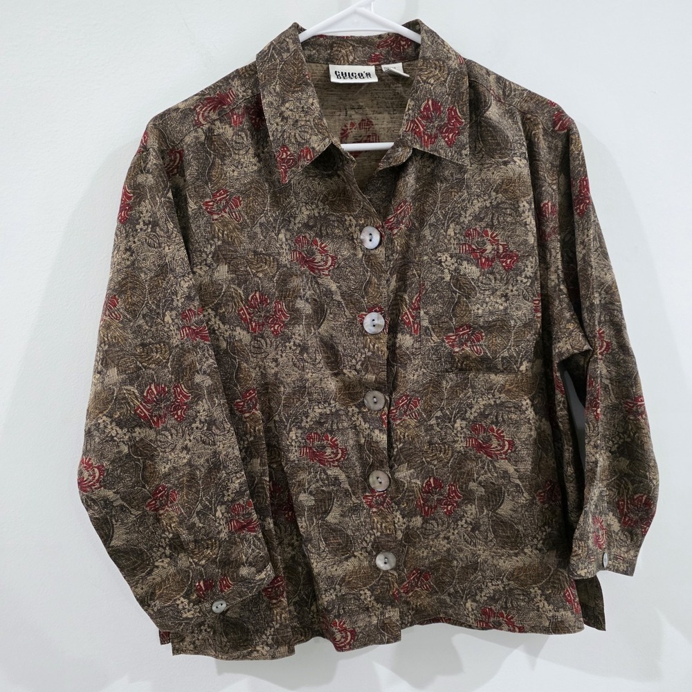 Chicos Womens Button Up Silk Linen Top Size 1‎ Us Medium Floral Artsy